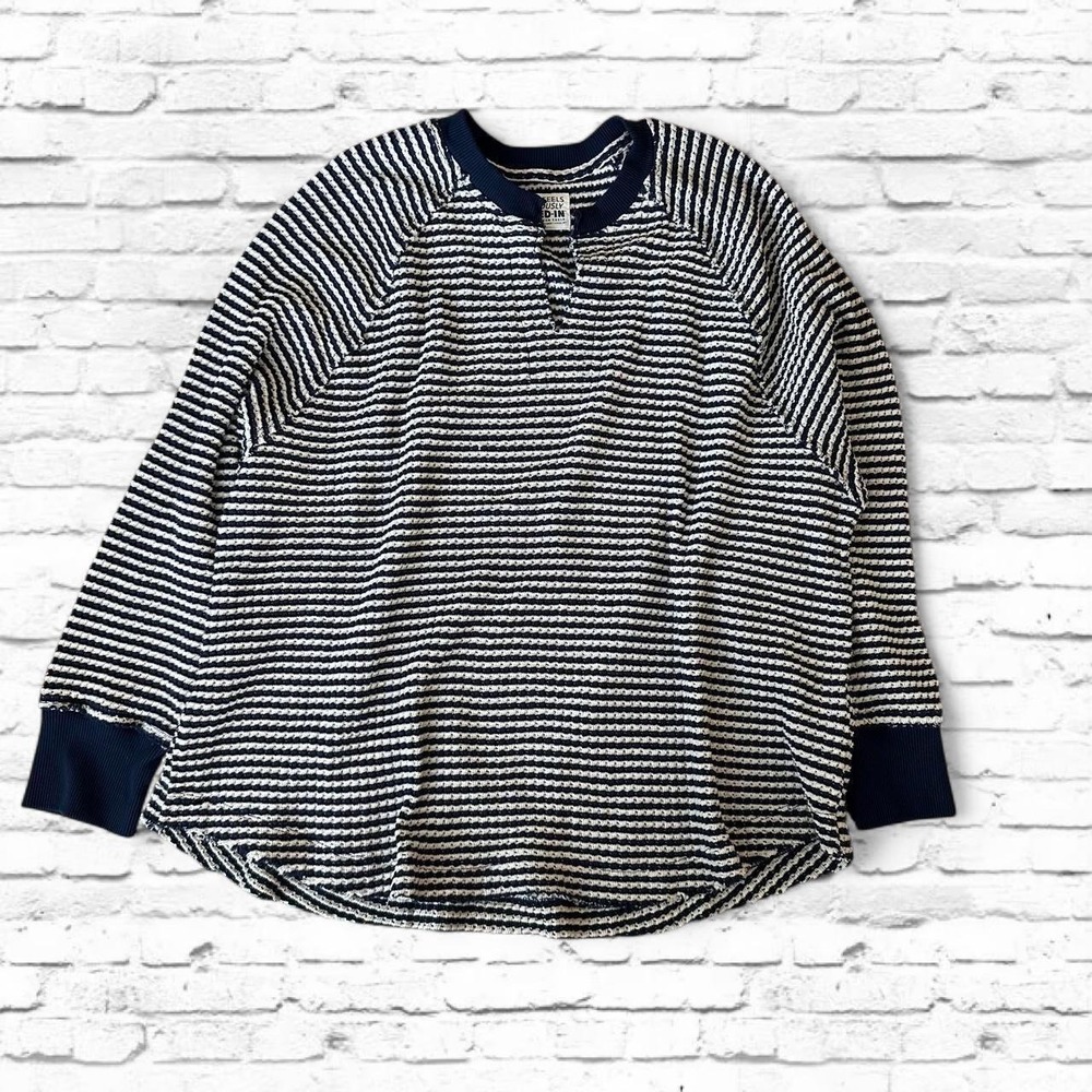 American Eagle navy and white striped long sleeve crewneck oversized waffle